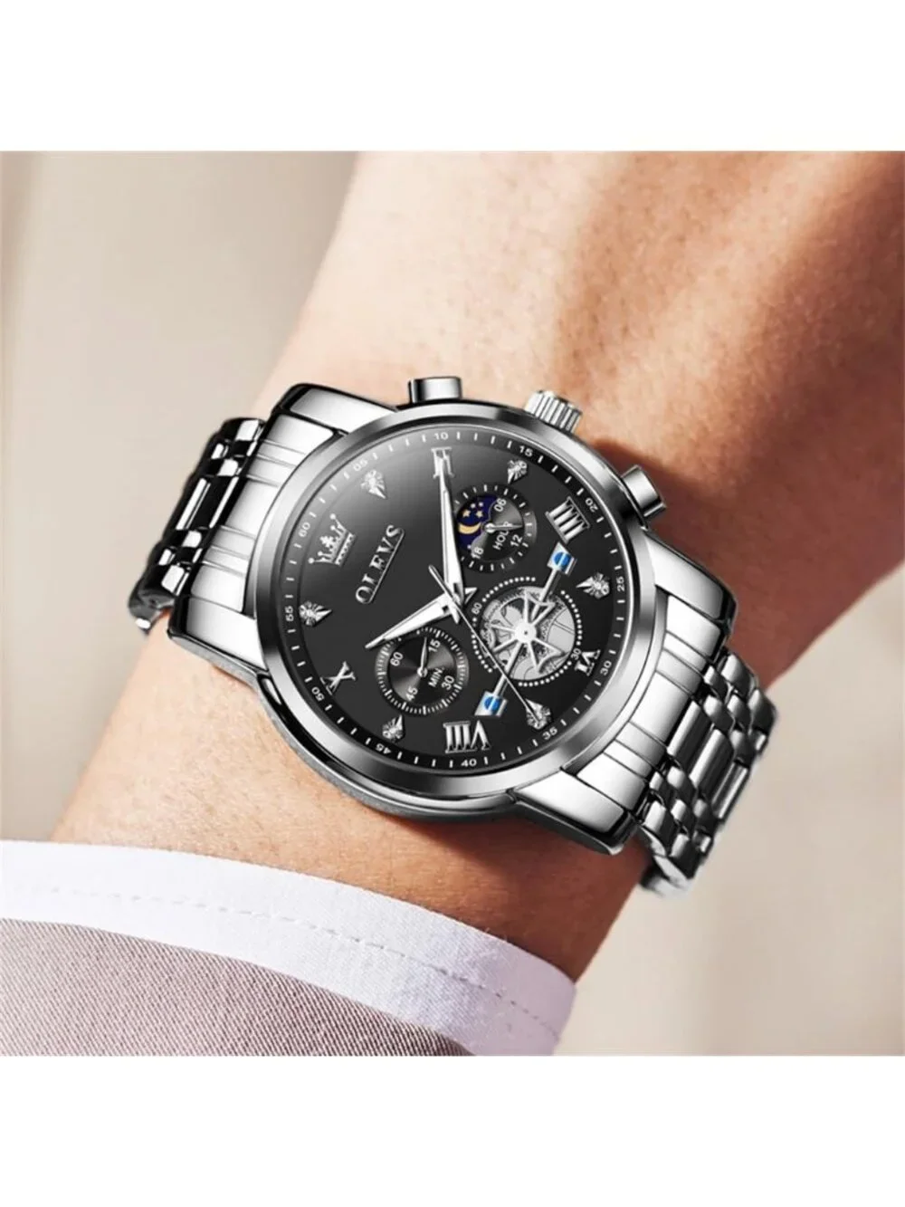 Men's Silver-Black Stainless Steel Waterproof Big Face Multifunction Wrist Watch